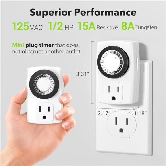 60/U47 Indoor Mini 24-Hour Mechanical Outlet Timer, 3-Prong, 2-Pack - Picture 5 of 7